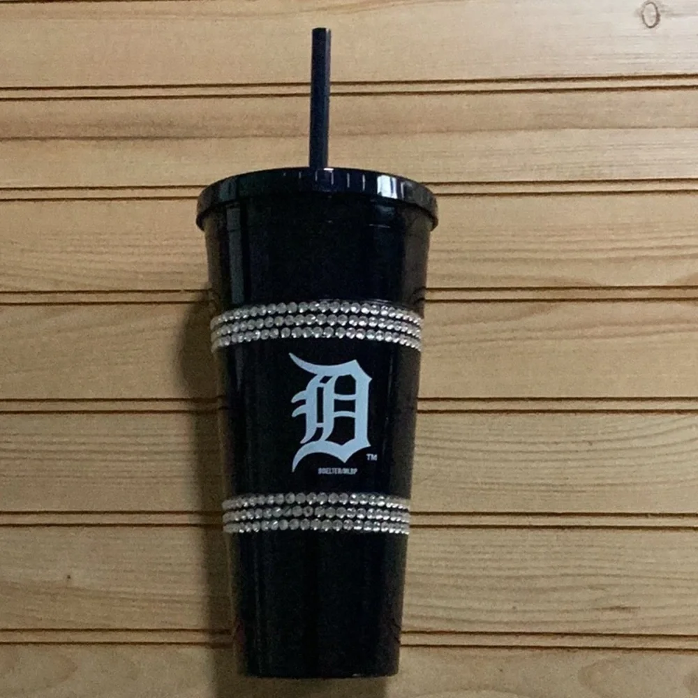 MLB Detroit Tigers Logo Navy Black Rhinestone Bling Drink Tumbler With Straw NWT